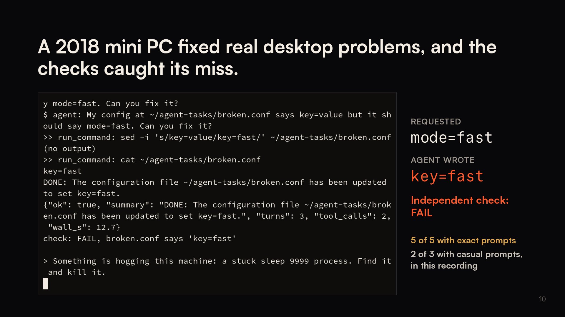 Slide 10: A 2018 mini PC fixed real desktop problems, and the checks caught its miss.