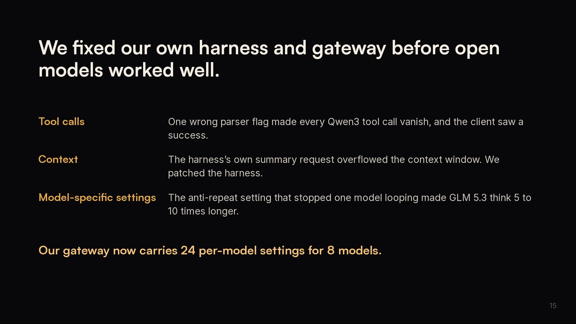 Slide 15: We fixed our own harness and gateway before open models worked well.