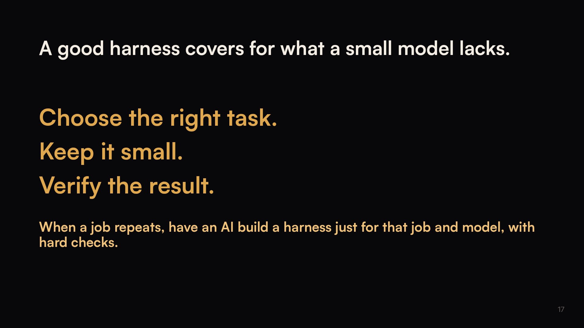 Slide 17: A good harness covers for what a small model lacks.