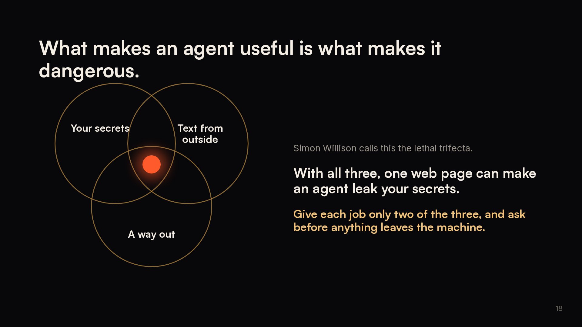 Slide 18: What makes an agent useful is what makes it dangerous.