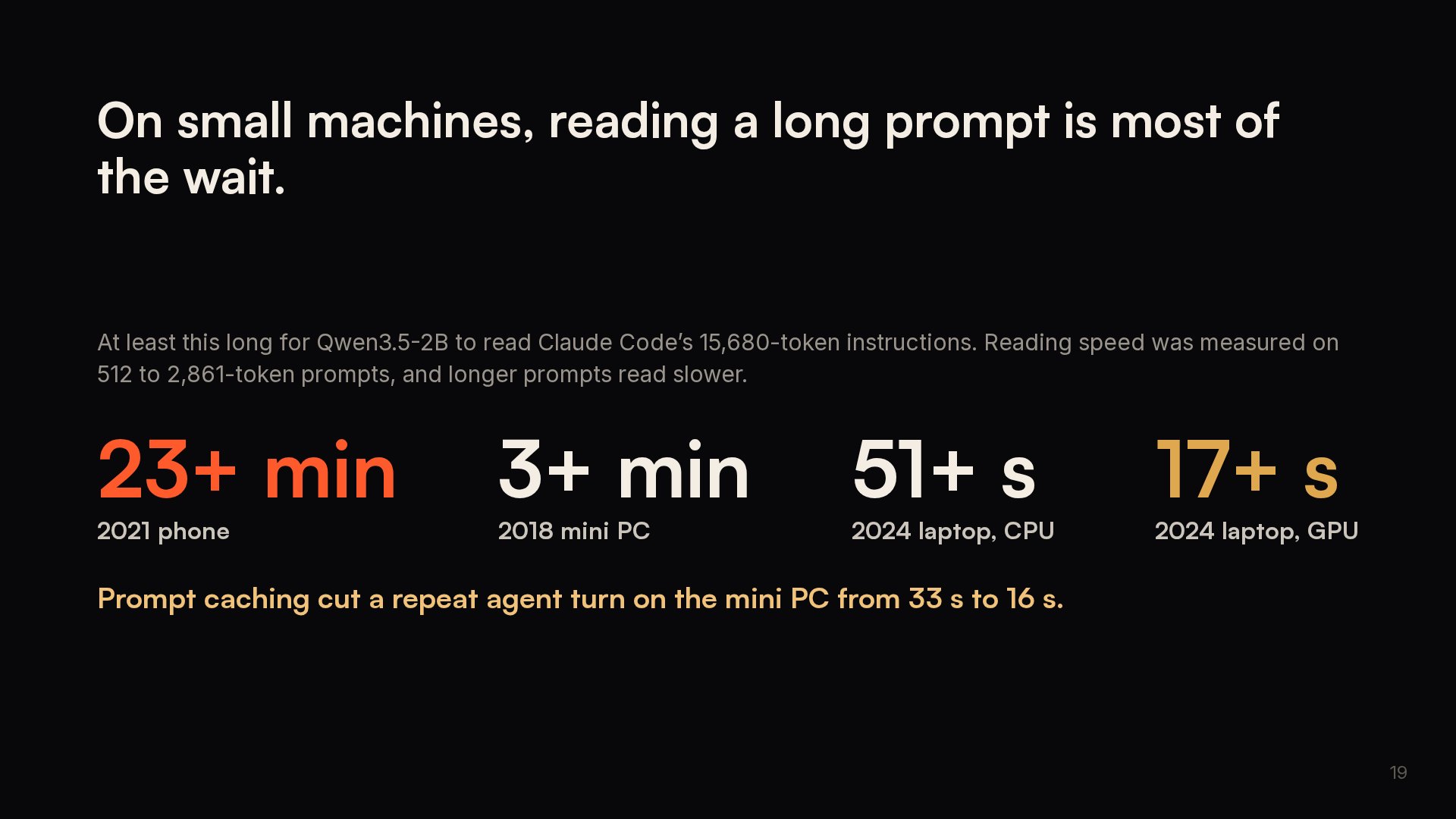 Slide 19: On small machines, reading a long prompt is most of the wait.
