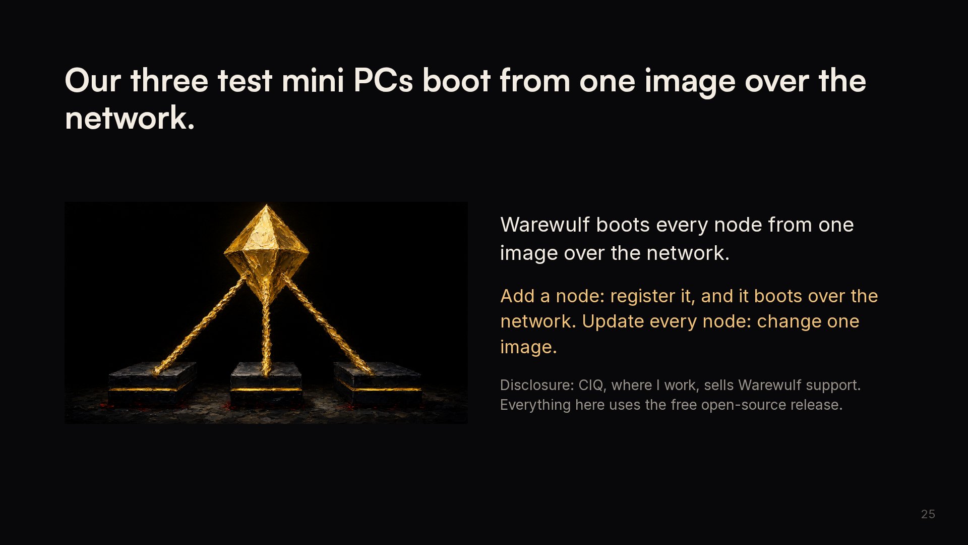 Slide 25: Our three test mini PCs boot from one image over the network.